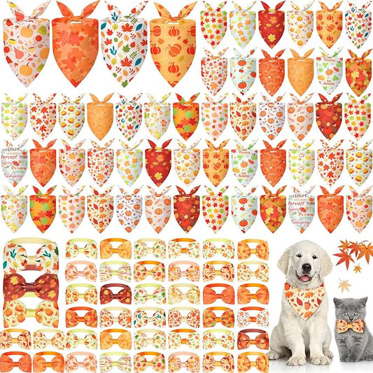 Sanwuta 100 Pcs Thanksgiving Fall Dog Bandanas Bulk and Collar Bow Ties Set 50 Autumn Bandanas 50 Fall Dog Collar Pet Maple Leaves Pumpkin Triangle Pet Scarf Bowtie for Small Medium Large Costume