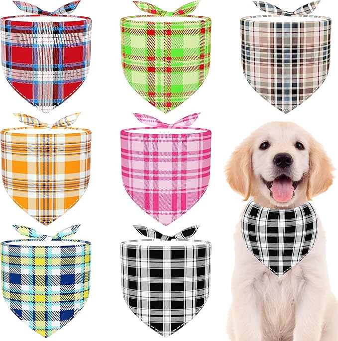 7 PCS Medium Plaid Dog Bandanas Hemming Seam Edge Dog Bandana for Small Dogs Print One Side Large Cats Scarfs Party Grooming M