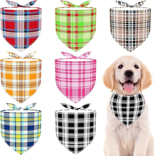 7 PCS Medium Plaid Dog Bandanas Hemming Seam Edge Dog Bandana for Small Dogs Print One Side Large Cats Scarfs Party Grooming M