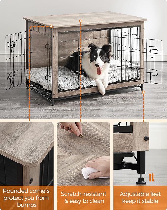 Feandrea Dog Crate Furniture, 38.6" Side End Table, Modern Kennel for Dogs Indoor up to 70 lb, Heavy-Duty Dog Cage with Multi-Purpose Removable Tray, Double-Door Dog House, Greige UPFC003G01