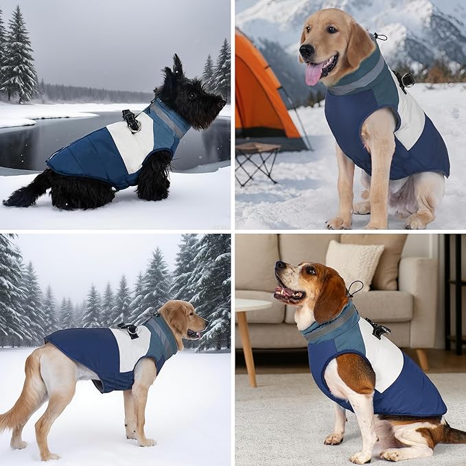 azuza Dog Jacket for Small Dogs Waterproof Dog Coat with Reflective Strips and Harness Built in Warm Fleece Dogs Winter Coat Windproof with Back Zipper, Navy L