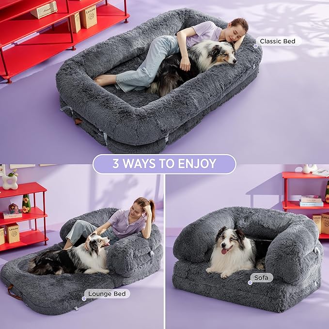 LE SURE Foldable Human Dog Bed - 3 in 1 Flexible Giant Human Dog Bed for Adult People with Supportive Bolster Egg Foam, Waterproof Liner, Calming Fluffy Faux Fur Orthopedic Big Bean Bed, Dark Grey