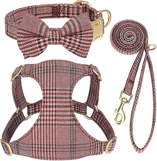 Beirui Cute Small Dog Harness Collar and Leash Set with Bowtie, Soft Adjustable Plaid Puppy Harness for Small Sized Dogs Cats Walks Parties and Photoshoots(Maroon,S:Chest 17-23")