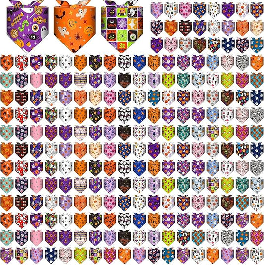 Geyoga 240 Pcs Halloween Dog Bandanas Bulk Thanksgiving Pet Bandanas Adjustable Fall Triangle Dog Grooming Scarf Bibs Kerchief for Small Medium Large Cats Pet Costume A(Halloween)