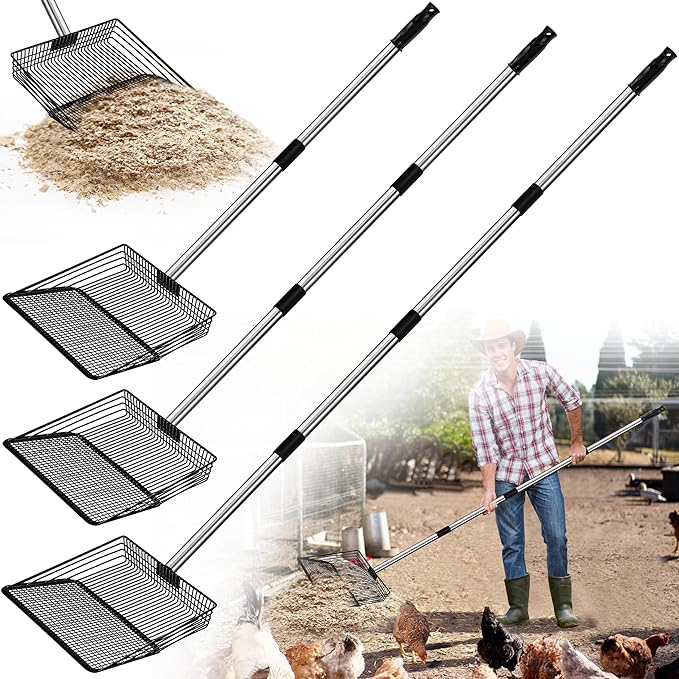 Jusoney 10" Upgrade and Reinforcement Stainless Steel Manure Scoop w/4-in-1 Adjustable Handle (36.6"-62"), Ergonomic Sifter Shovel for Chicken Coop, Cat Litter, Pet Waste Cleaning Tools