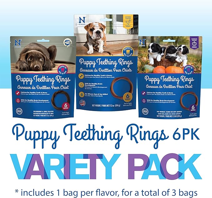 N-Bone Puppy Teething Rings 6 Count Bag Variety Pack, Chicken & Pumpkin & Blueberry BBQ Flavor, Total 3 Bags, 21.6-oz, 18 Rings