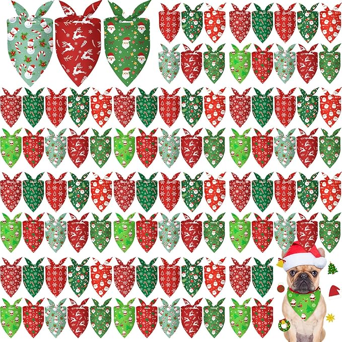 100 Pcs Christmas Dog Bandanas Bulk Xmas Santa Snowflakes Bandanas Adjustable Soft Bibs Triangle for Small Medium Large Pets Holiday Party Costume