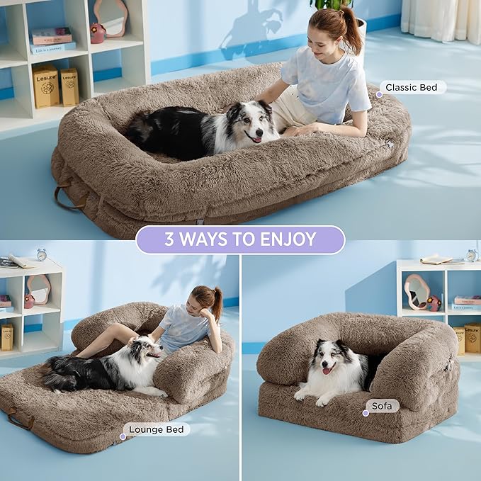 LE SURE Foldable Human Dog Bed - 3 in 1 Flexible Giant Human Dog Bed for Adult People with Supportive Bolster Egg Foam, Waterproof Liner, Calming Fluffy Faux Fur Orthopedic Big Bean Bed, Camel