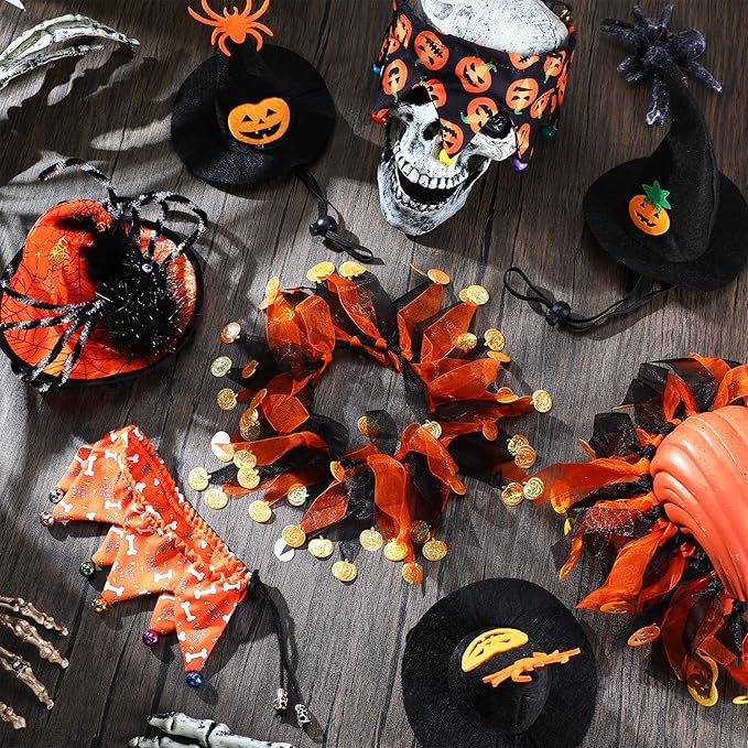 Abbylike 8 Pcs Cat Halloween Costume Witch Hat and Tutu Collar with Bells for Cat Halloween Witch Pet Costume Accessories for Small Kitten Dog Cosplay Party Decor