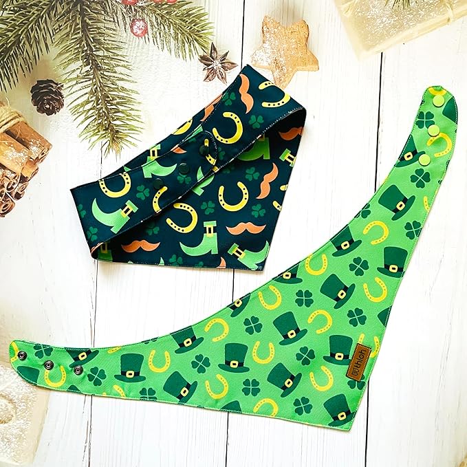 St. Patrick's Day Dog Bandanas with Snap Button, 2 Pack Reversible Shamrock Dog Scarf for Boy & Girl, Durable Fabric, Gift for Dogs, Holiday Bandana for Large and Extra Large Dogs (X-Large)