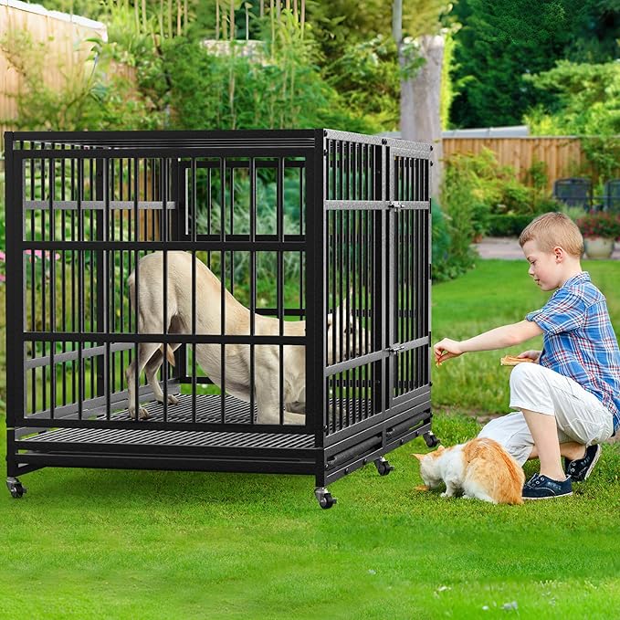 48 Inch Heavy Duty Dog Crate for Large Dogs Indestructible Dog Cage XL High Anxiety Kennel with Wheels Impact Escape-Proof Dogs Crate Indoor with Locks and 2 Removable Trays