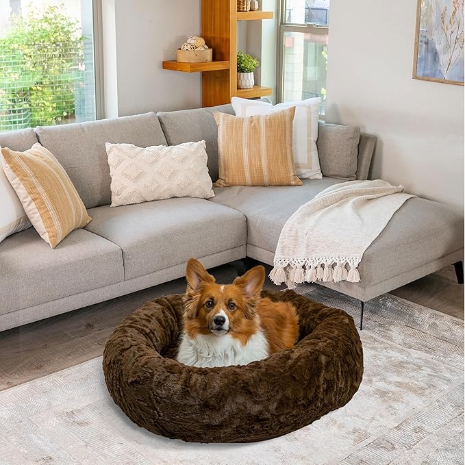 Best Friends by Sheri Original Calming Donut Dog and Cat Bed, Lux Faux Fur, Dark Brown, (30in x 30in) - Anxiety Relief for Pets Up to 45 lbs