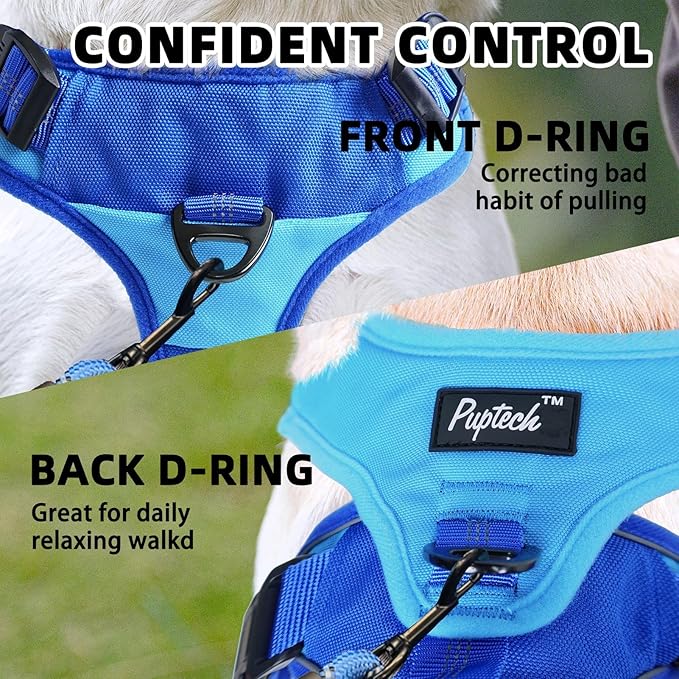 PUPTECK Escape Proof Dog Harness and Leash Set Upgraded No Pull Reflective Dog Vest with Lift Handle, Easy Control Pet Harness for Medium Large Dogs Training Walking Running, Blue, XL