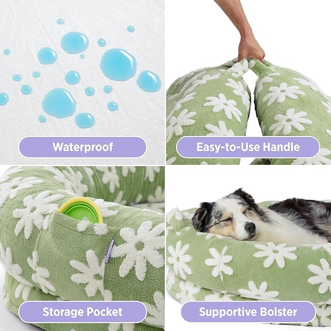 LE SURE Human Dog Bed for Adult - Calming Human Size Dog Bed with Egg Foam Supportive Mat and Storage Pocket, Cute Modern Pet Beds with Jacquard Shaggy Plush & Anti Slip Bottom 55x37x10, Green