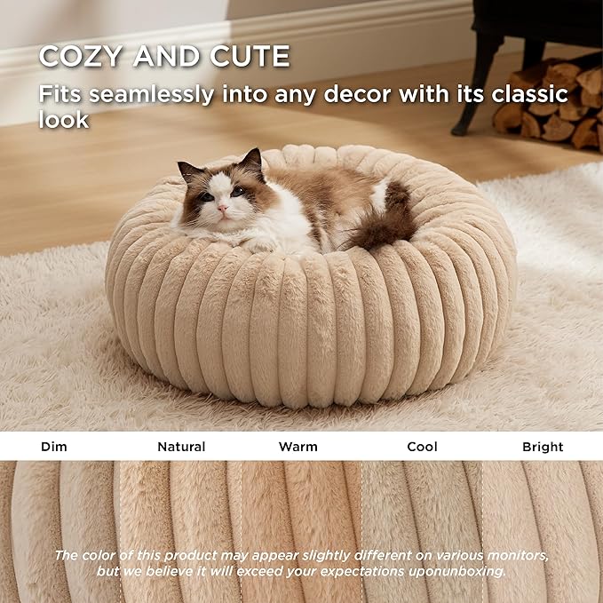 Bedsure Cat beds for Indoor Cats - Donut Dog Beds for Small Dogs with Corduroy Fleece & Anti Slip Bottom, Faux Fur Pet Beds with Washable Removable Cover, Sandy Beige, 20x20x6 inches