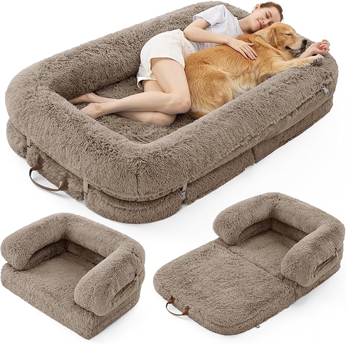 LE SURE Foldable Human Dog Bed - 3 in 1 Flexible Giant Human Dog Bed for Adult People with Supportive Bolster Egg Foam, Waterproof Liner, Calming Fluffy Faux Fur Orthopedic Big Bean Bed, Camel