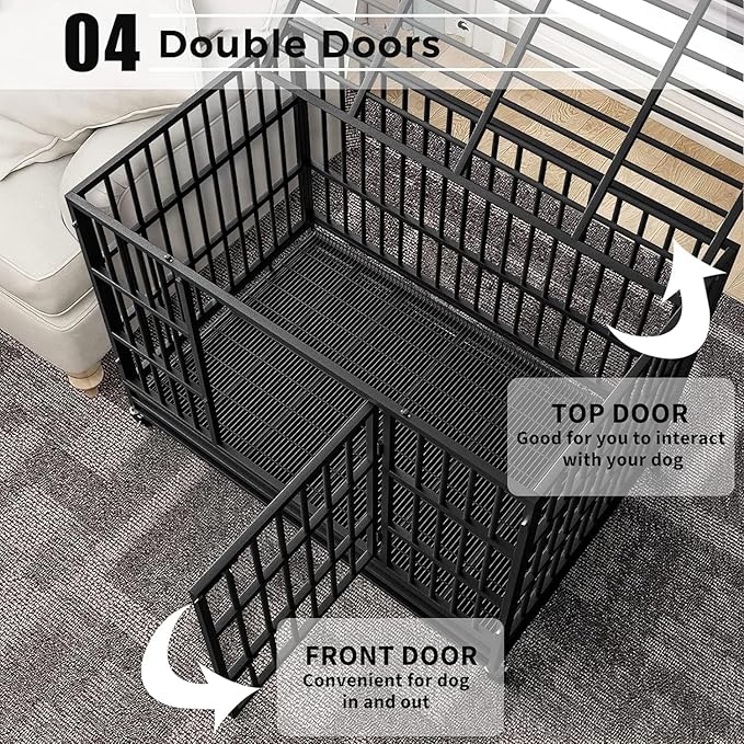 Otaid 48 Inch Heavy Duty Dog Crate Cage Kennel with Wheels, High Anxiety Indestructible Dog Crate, Sturdy Locks Design, Double Door and Removable Tray, Extra Large XL XXL Dog