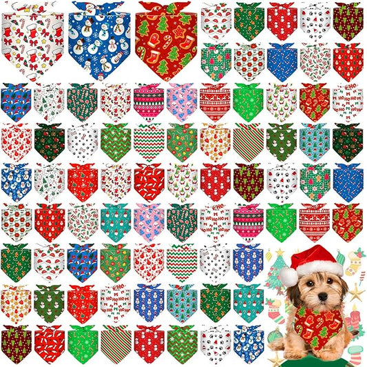 Sanwuta 72 Pcs Christmas Dog Bandana Bulk Washable Puppy Triangle Scarfs Xmas Cat Bandanas Adjustable Soft Christmas Pet Triangle Bibs Accessories for Small Medium Dogs Cats Pets Costume