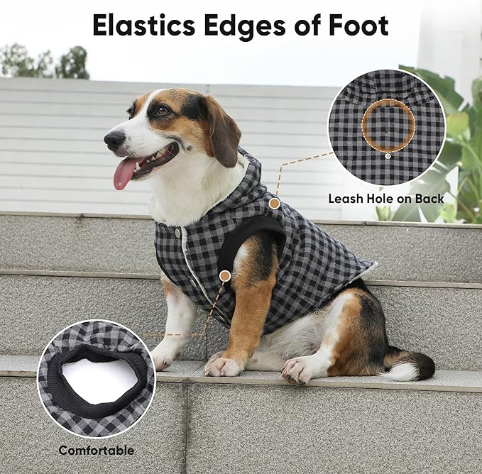 Fleece Lining Dog Hoodie for Medium Dogs Extra Warm Plaid Sweater with Drawstring Hooded Coats in Winter Doggie Jacket,Black XL