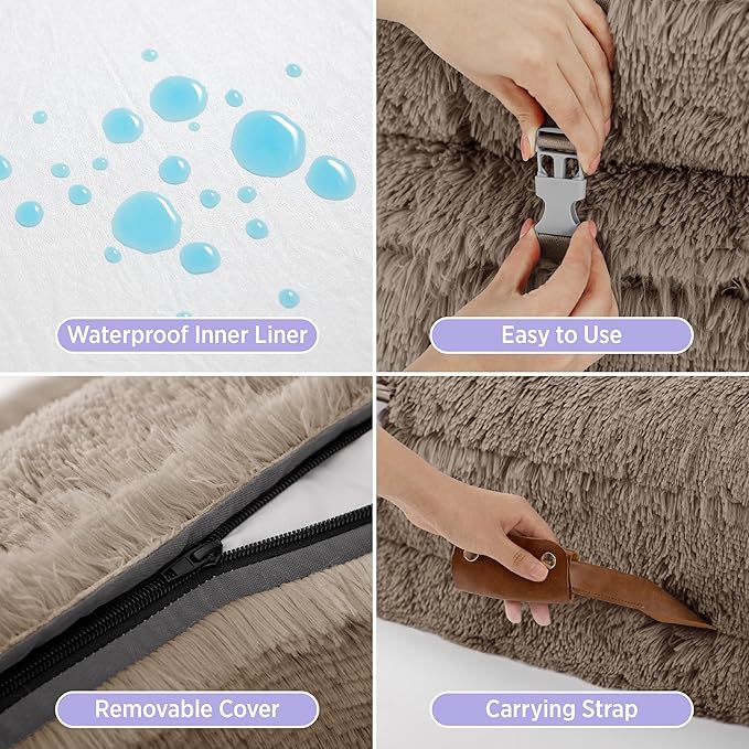 LE SURE Foldable Human Dog Bed - 3 in 1 Flexible Giant Human Dog Bed for Adult People with Supportive Bolster Egg Foam, Waterproof Liner, Calming Fluffy Faux Fur Orthopedic Big Bean Bed, Camel