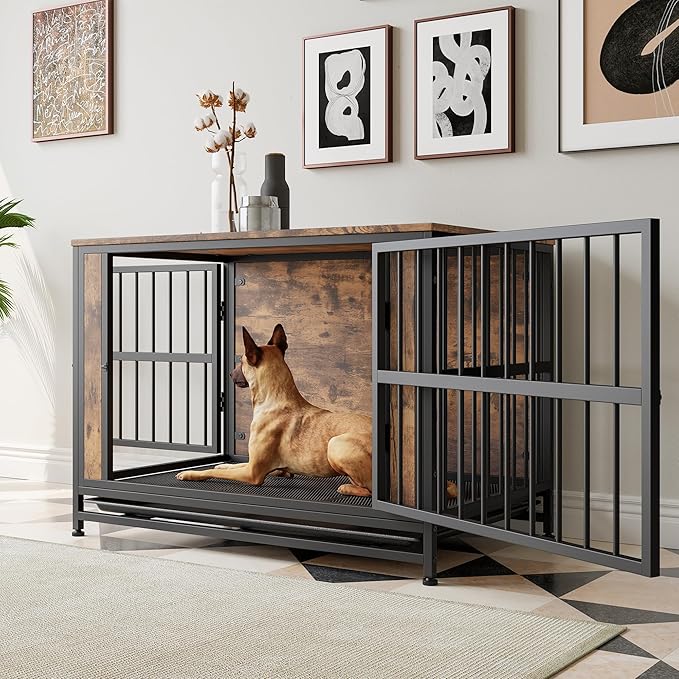 Dog Crate - Metal & Wooden Kenel with 3 Doors for Indoor, Medium/Large Dogs - Heavy Duty, Rustic Black & Brown