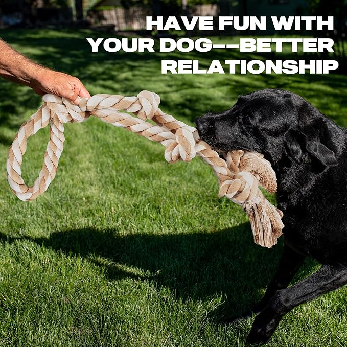 PetiFine Dog Rope Toys for Aggressive Chewers - Large, Tough Indestructible Natural Cotton Rope Toy with 3 Big Knots and a Handle for Tug of War