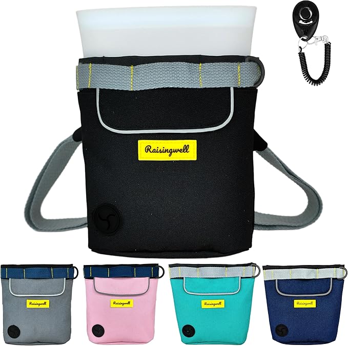 Dog Treat Pouch for Pet Walking and Training with Clicker 2 Cup Silicone Bag Small Fanny Pack Holder for Puppy Snack Dispenser Kit for Leash and Outdoor Use (Black)