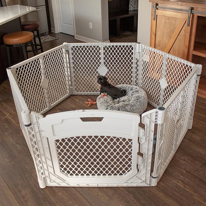 MyPet North States Petyard Plus: 5.5 Ft. Wide Folding Dog Playpen Indoor or Outdoor. 6-Panel Freestanding Play Pen Dog Gate Made in USA. 26" Tall, Light Gray