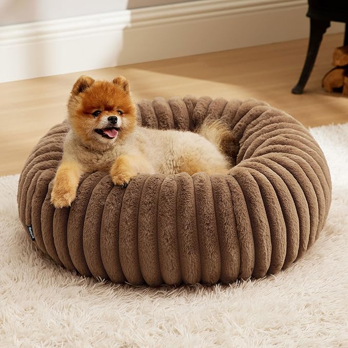 Bedsure Donut Small Dog Bed - Dog Beds for Small Dogs with Corduroy Fleece & Anti Slip Bottom, Round Faux Fur Pet Beds with Washable Removable Cover, Camel Brown, 23x23x7 inches