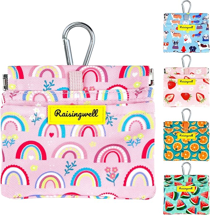 Dog Treat Pouch,Cotton Pocket Sized Training Holder, Hand Free Walking Funny Bag with Carabiner, Self-Closing Pet Feed Snack Reward, Behavior Aids for Puppy Travel or Outdoor Use （Rainbow）