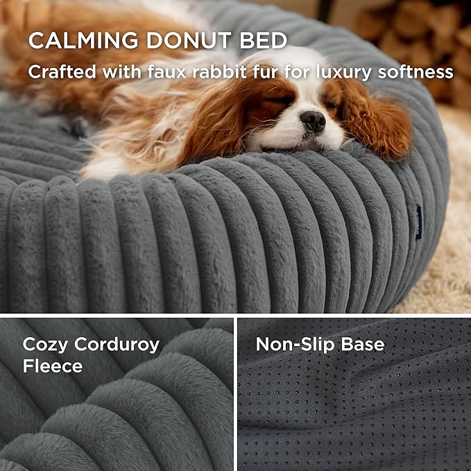 Bedsure Donut Medium Dog Bed - Washable Faux Fur with Corduroy Fleece & Anti Slip Bottom, Round Pet Bed with Removable Cover, Warm Grey, 30x30x8 inches