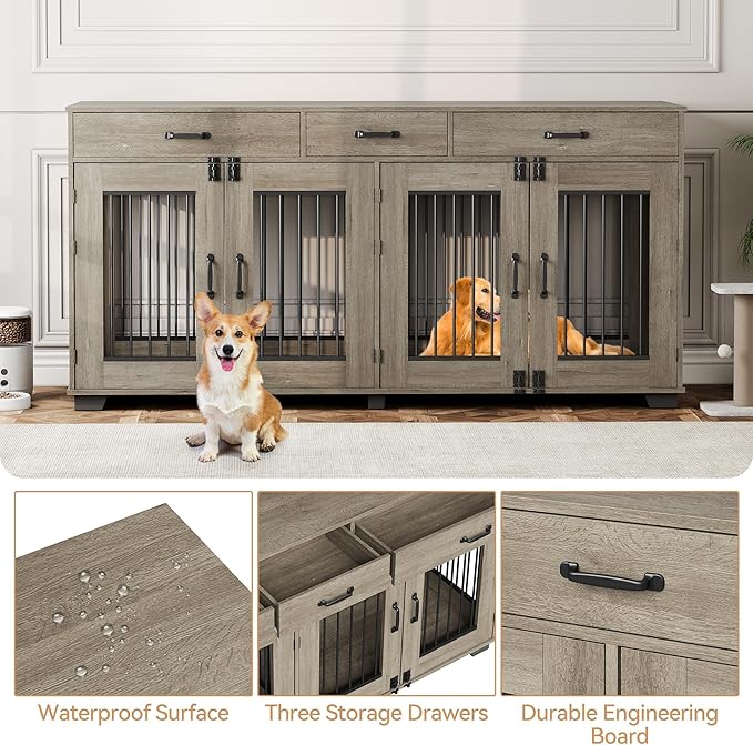 71'' Double Dog Crate Furniture, Large Dog Kennel Indoor with 3 Storage Drawers and Removable Divider for 2 Dogs, Heavy Duty Decorative Dog House TV Stand Side Table for Medium Large Dogs, Grey