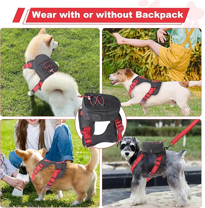 Dog Backpack Harness for Small and Medium Dogs, Adjustable Lightweight Bag with Detachable Backpack and Leash, Poop Bag Dispenser, Water Resistant for Hiking, Travel, Training, and Daily Walks, L