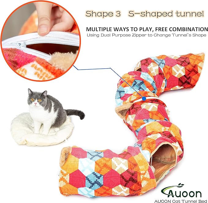 AUOON Cute Cat Donut Tunnel - Interactive Cat Tunnel Bed for Indoor Cats Kitten Kitty Puppy Rabbit Ferret (Orange)