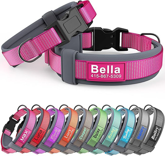 Personalized Dog Collar with Name & Phone Number - Durable Buckle, Ultra-Visible Fully Reflective, and Wide Comfort-Fit Padded Neoprene for Small, Medium, Large Dogs and Cats