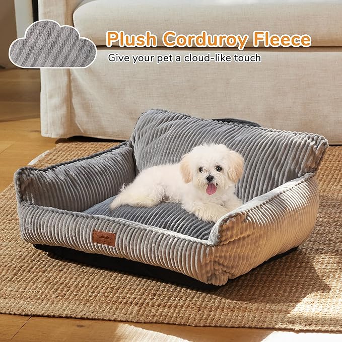 FUKUMARU Cat Couch Bed, Fluffy Corduroy Cat Beds for Indoor Cats with Washable Cover, Waterproof Small Dog Sofa Beds with Portable Handle and Anti-Slip Bottom, Pet Beds & Furniture 28inch, Grey