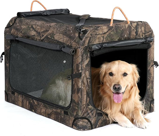 KOOPRO 27.5 Inch Collapsible Dog Crate, Portable Soft-Sided Dog Travel Carrier Camouflage Style Pet Kennel 4-Door with Durable Mesh Windows, Washable Mat, Indoor & Outdoor for Small Medium Large Dogs