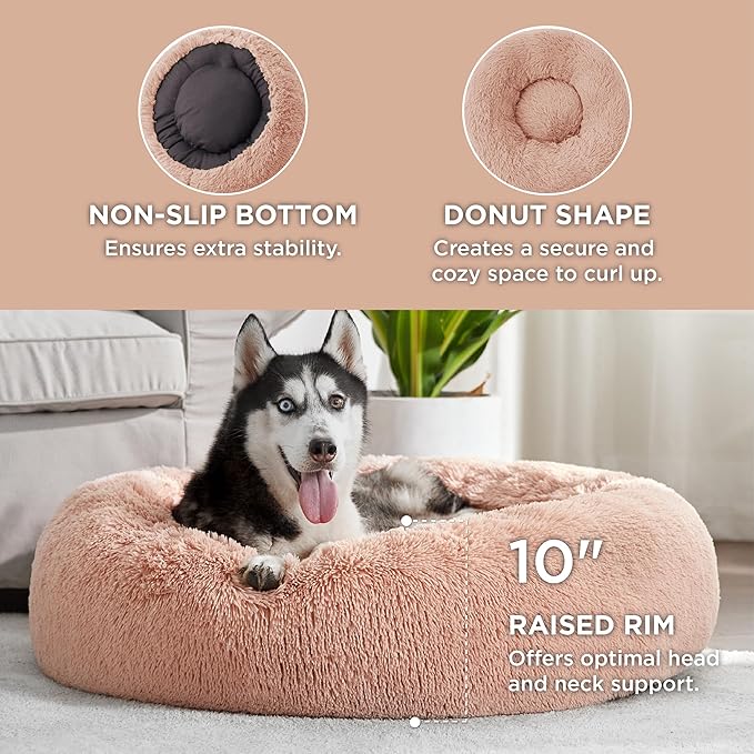 Bedsure Calming Dog Bed for Large Dogs - Donut Washable Large Pet Bed, 36 inches Anti-Slip Round Fluffy Plush Faux Fur Dog Bed, Fits up to 80 lbs Pets, Pink