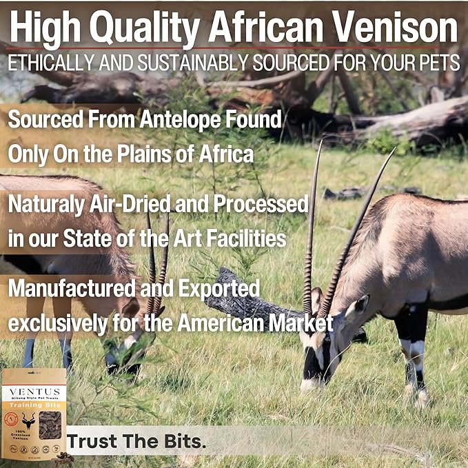 VENTUS Jerky Training Bits - Single Ingredient High Protein Venison Dog Training Treats, Grain-Free, Air-Dried Training Treats for Dogs 8 oz