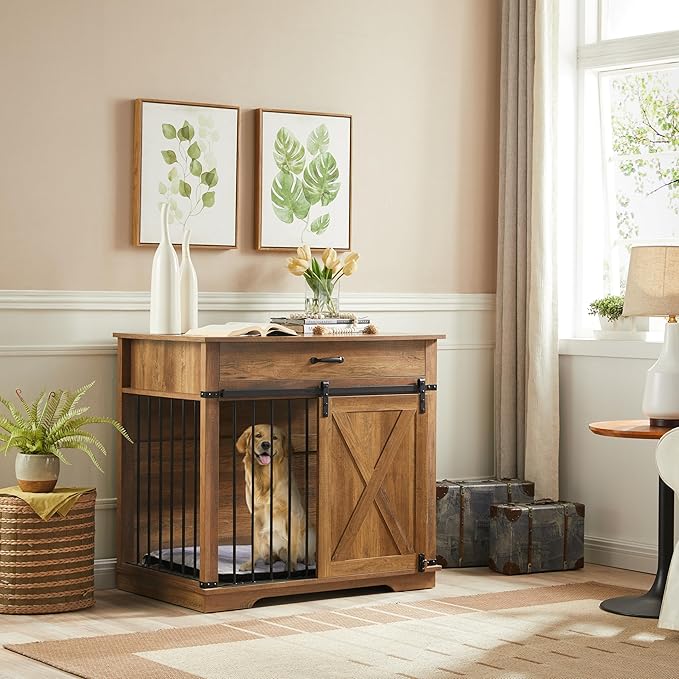 37.8" Dog Crate Furniture - Indoor Wooden Dog Kennel Furniture with Sliding Barn Door and Storage Drawer, Rustic Oak