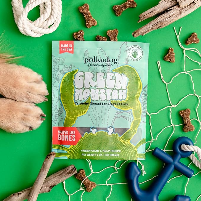 Polkadog Green Monstah Bones Crunchy Treats - Dog Treat for Small & Large Dogs with Vitamin-Rich Kelp, Omega-3, Protein - New England Green Crab & Kelp Blend - Training Size