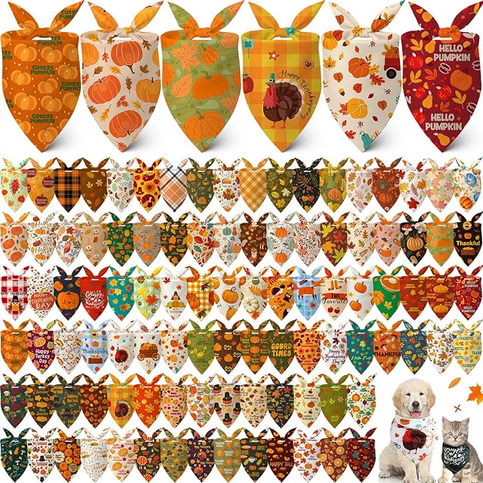 Lasnten 120 Pcs Fall Dog Bandanas Bulk Thanksgiving Dog Bandanas Pumpkin Pet Bibs Scarf for Dogs Triangle Scarf Holiday Costume for Small Medium Large Pet Accessories Grooming Supplies (Pumpkin)