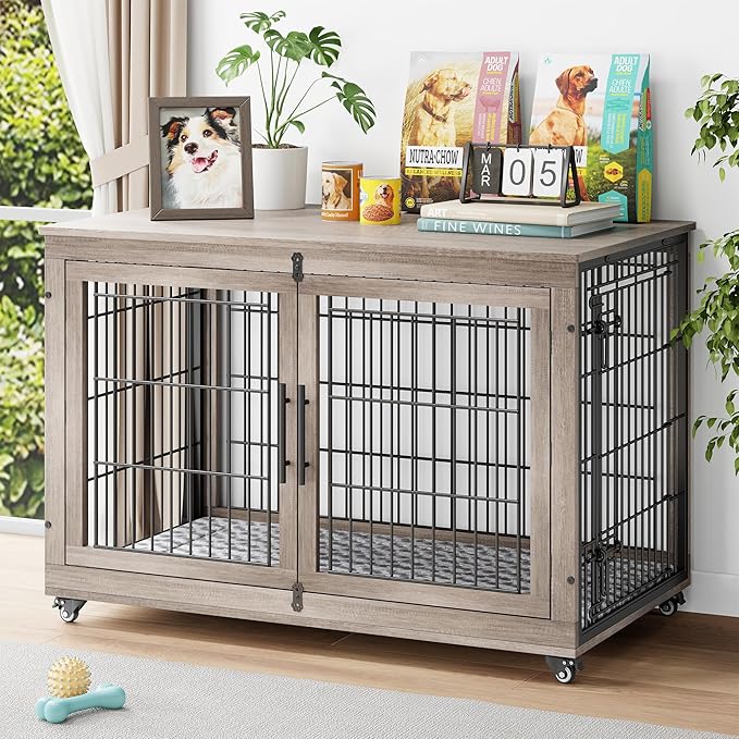 Dog Crate Furniture with Cushion Set of 2, Wooden Dog Kennel Indoor with Double Doors, Dog Cage with Wheels, Dog House Side End Table for Large Dogs up to 85 lb, 44" L, Grey