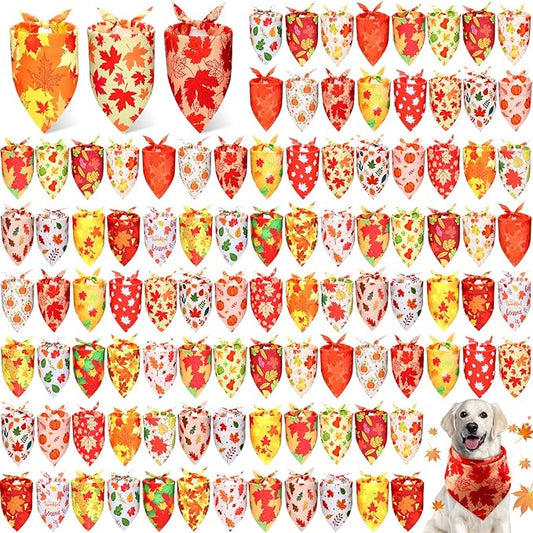 Preboun 100 Pcs Fall Thanksgiving Dog Bandanas Bulk Pumpkin Maple Leaves Bandanas for Dogs Triangle Kerchief Bibs Scarf for Pets Costume Photo Props Accessories Pet Shops Adoption Events, 25 Styles