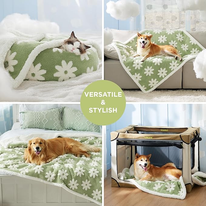 Lesure Waterproof Puppy Blanket for Small Dogs - Washable Double Sided Dog Blankets with Warm Jacquard Shag and Soft Sherpa Fleece, Pet Cat Blanket for Couch Protection, 3D Textured Cloud, Green
