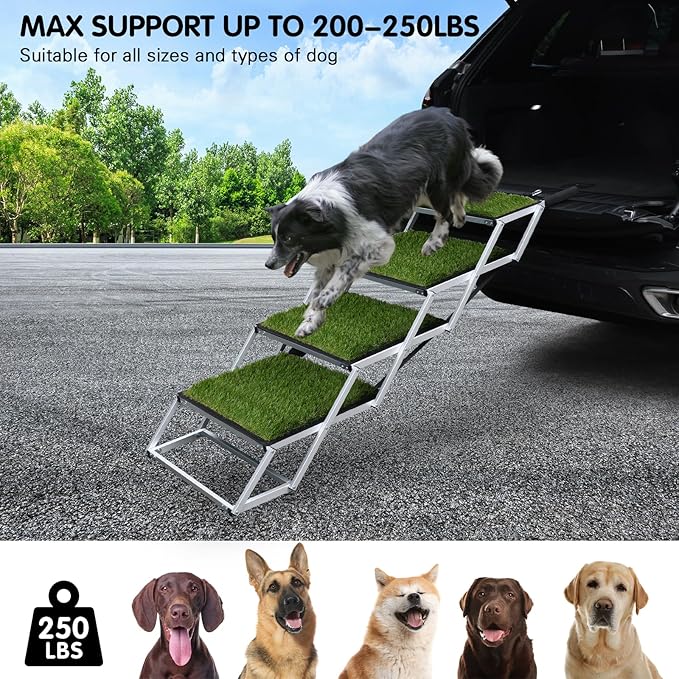 DGSL Dog Ramp for Car, Extra Wide 4 Steps Stairs for Truck, Folding Steps for Dogs with Non-Slip Surface, Pet Loader Dog for Large Dog, SUV, Side Door and Bed (Green, 16.9In-4 Steps)