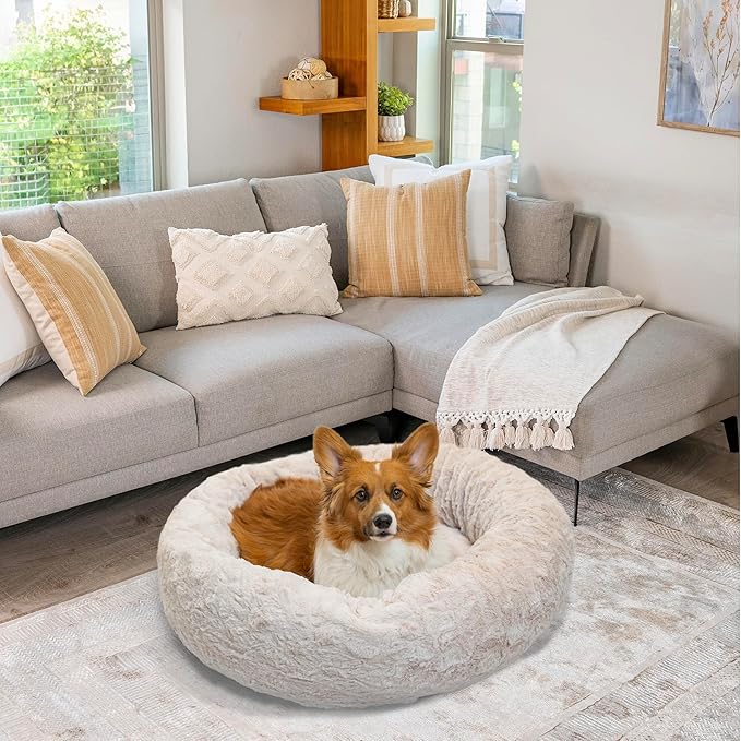 Best Friends by Sheri Original Calming Donut Dog and Cat Bed, Lux Faux Fur, Oyster, (30in x 30in) - Anxiety Relief for Pets Up to 45 lbs