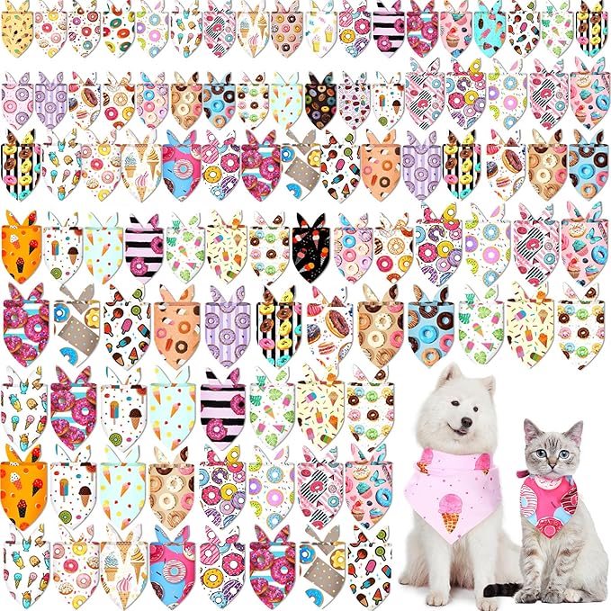 100 Pcs Dog Bandanas Bulk Hawaiian Dog Bandanas Summer 3 Sizes Washable Adjustable Scarf for Beach Small Medium Large Pet Supplies(Donut)