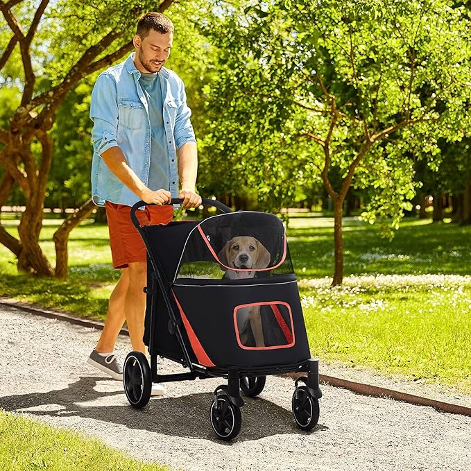 PawHut Dog Stroller for Large Medium Small Dogs up to 66 Lbs. 23.5" in Body Length, One-Click Foldable Pet Cat Stroller with Storage, Shock Absorption Wheels, Mesh Window, Safety Leash, Black