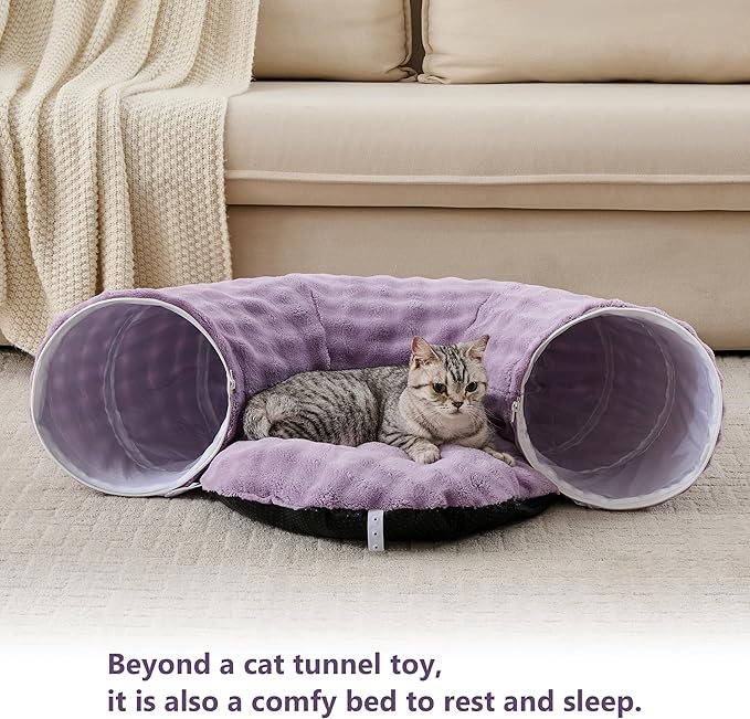 Bubble Cat Tunnel for Indoor Cats, Round Peekaboo Cave Toy with Dangling Balls, Donut Tunnel Bed with Circle Mat for Puppy Kitten Rabbit, Dusty Purple